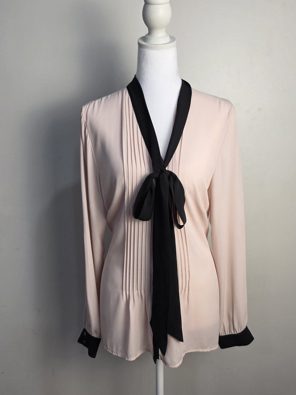 Adrianna Papell Pale Pink Blouse with Black Tie and Cuffs